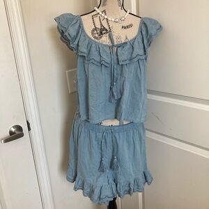 Shabby Chic Light Blue Eyelet 2pc Set Shorts & Sleeveless Top with Tassel Tie